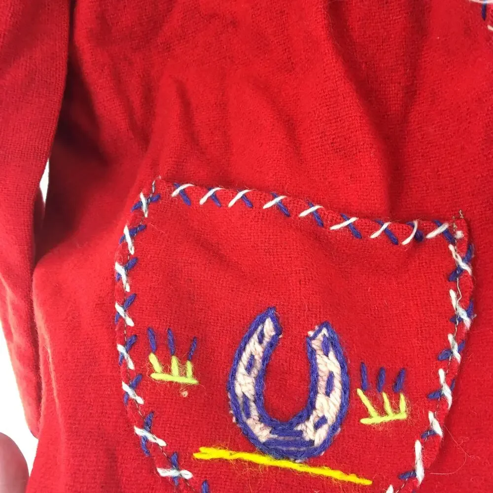 Embroidered Red Wool Jacket Vintage Made in Mexico Agave Horseshoe Sanchez